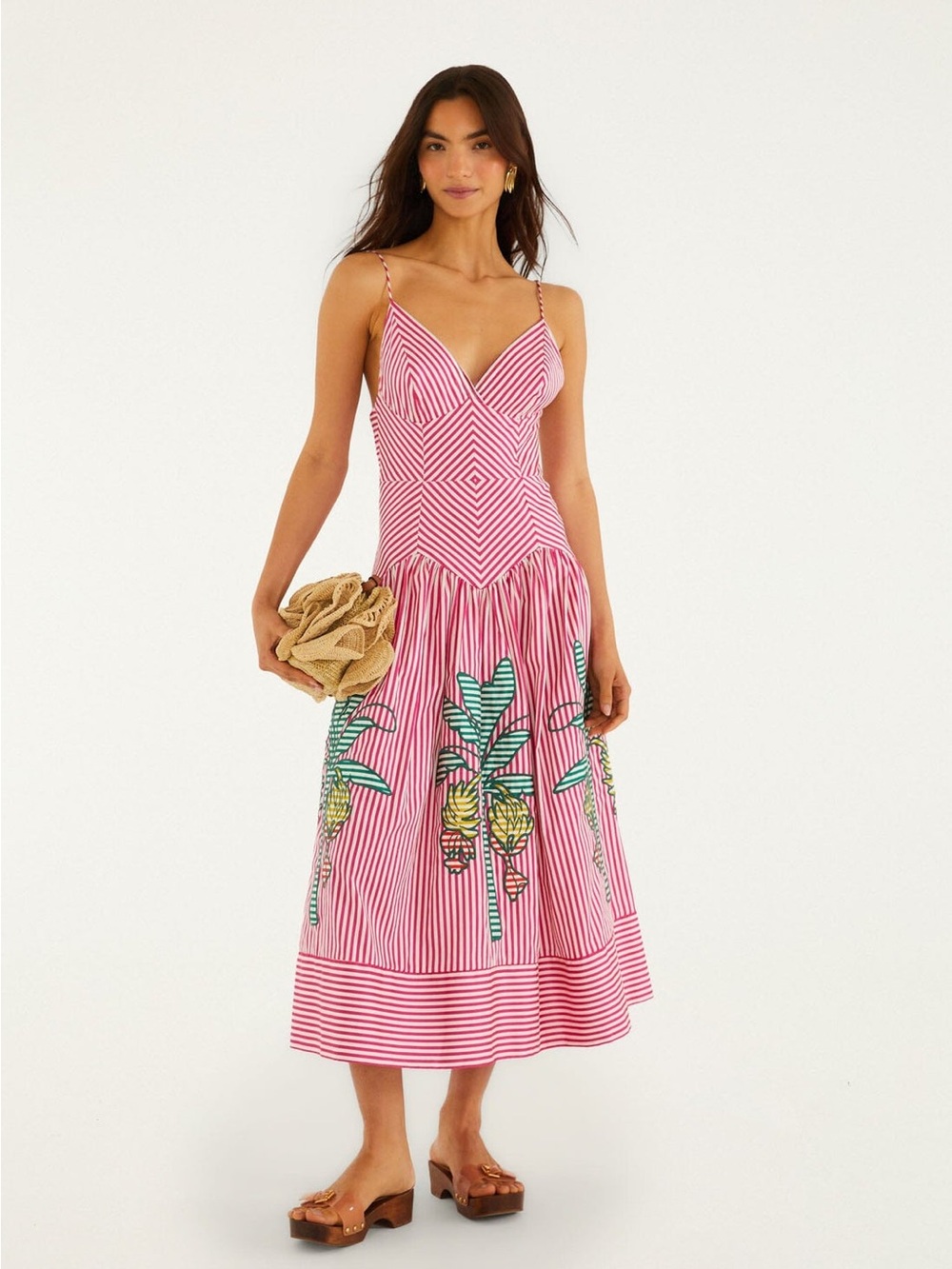 Farm Rio Pink Palm Tree Stripes Cutwork Midi Dress Medium - Picture 2 of 9